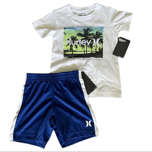 Hurley Boys White Shirt Blue Shorts Set Size 4 - Picture 1 of 1